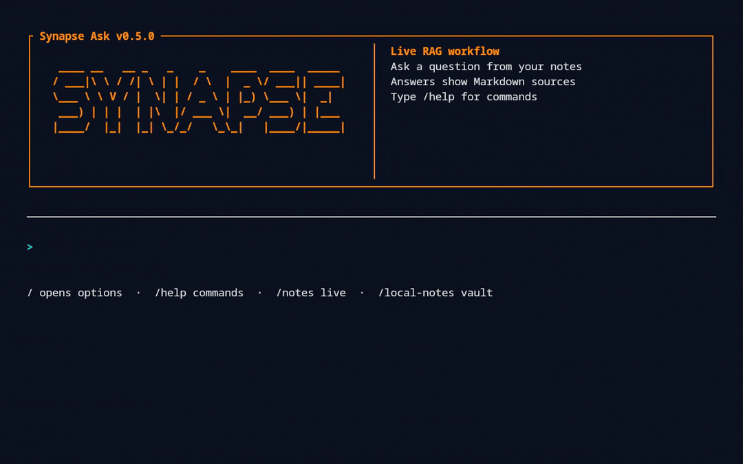 Synapse Ask v0.5.0 zeigt eine interaktive TUI für einen lokalen RAG-Workflow.