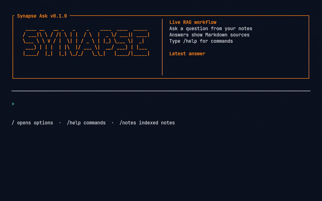 Synapse Ask TUI beantwortet eine OSPF-Frage aus indexierten Notizen